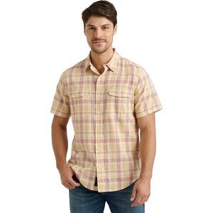 Lucky Brand Shirt Mens XL Yellow Plaid Short Sleeve Palisades Workwear Linen